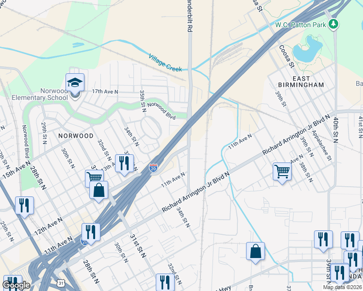 map of restaurants, bars, coffee shops, grocery stores, and more near 3437 12th Avenue North in Birmingham