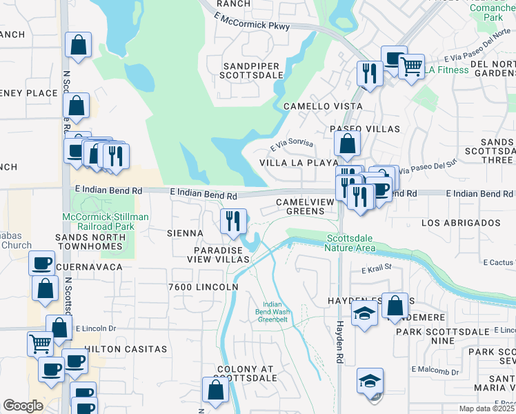 map of restaurants, bars, coffee shops, grocery stores, and more near 7721 East Joshua Tree Lane in Scottsdale