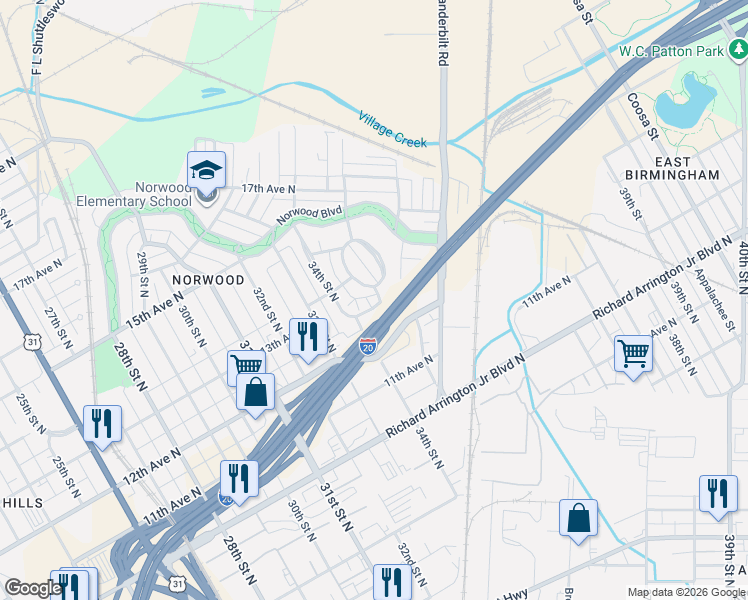 map of restaurants, bars, coffee shops, grocery stores, and more near 3428 13th Avenue North in Birmingham