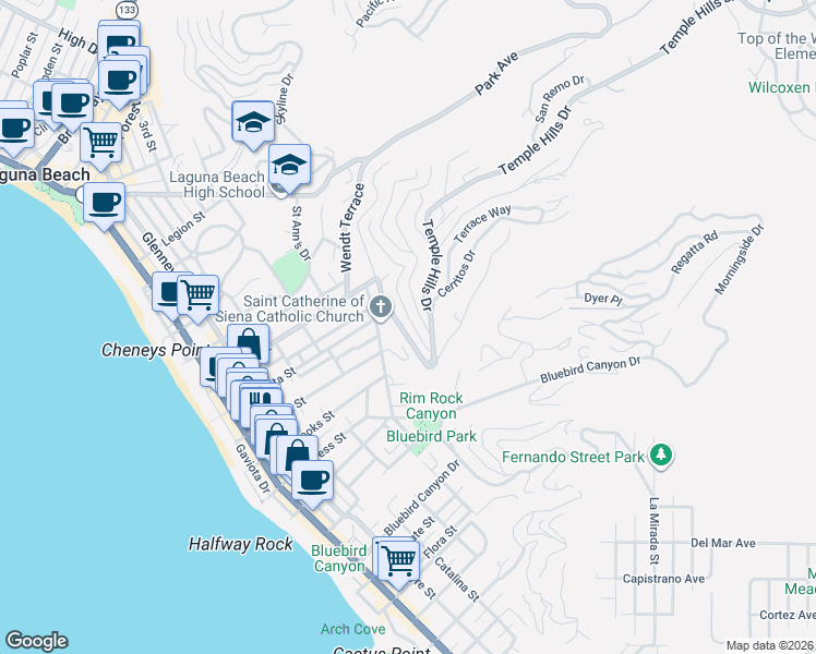 map of restaurants, bars, coffee shops, grocery stores, and more near 740 Oak Street in Laguna Beach