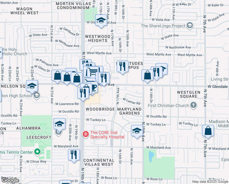 map of restaurants, bars, coffee shops, grocery stores, and more near 6730 North 17th Avenue in Phoenix