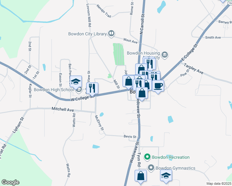 map of restaurants, bars, coffee shops, grocery stores, and more near 307 West College Street in Bowdon