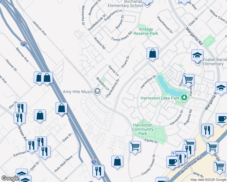 map of restaurants, bars, coffee shops, grocery stores, and more near 40418 Charlesburg Drive in Temecula