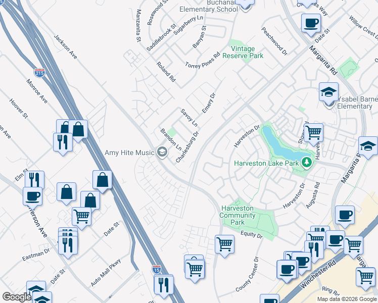 map of restaurants, bars, coffee shops, grocery stores, and more near 40418 Charlesburg Drive in Temecula