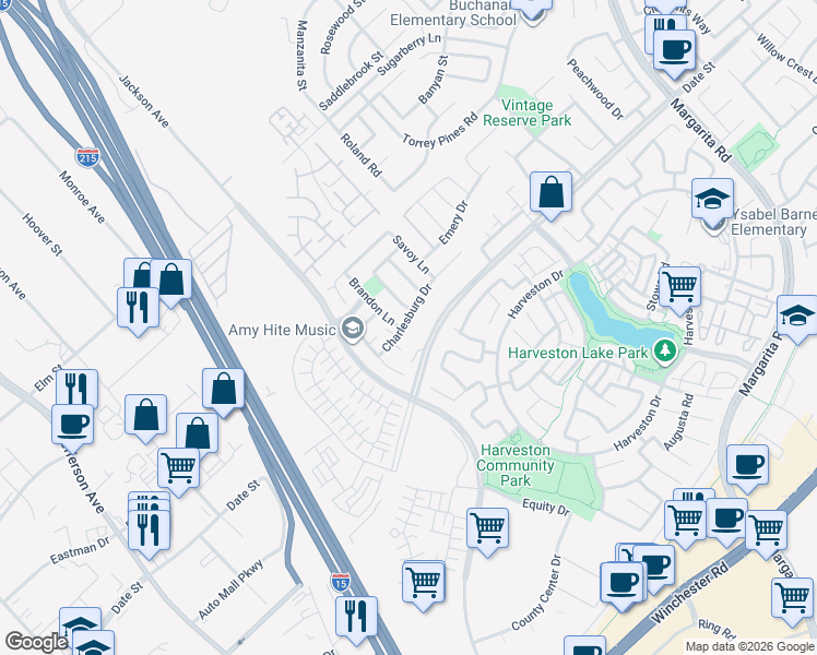 map of restaurants, bars, coffee shops, grocery stores, and more near 40418 Charlesburg Drive in Temecula