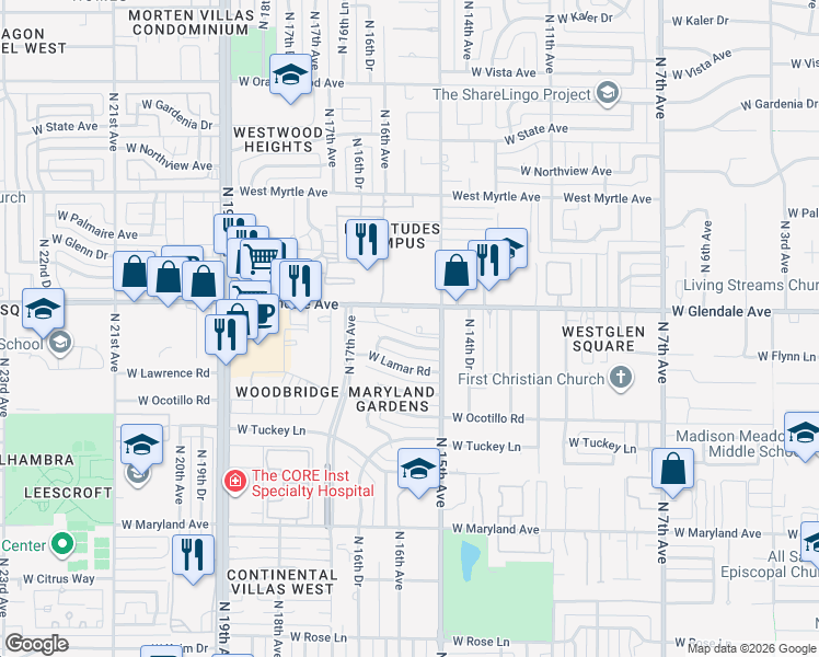 map of restaurants, bars, coffee shops, grocery stores, and more near 1526 West Glendale Avenue in Phoenix