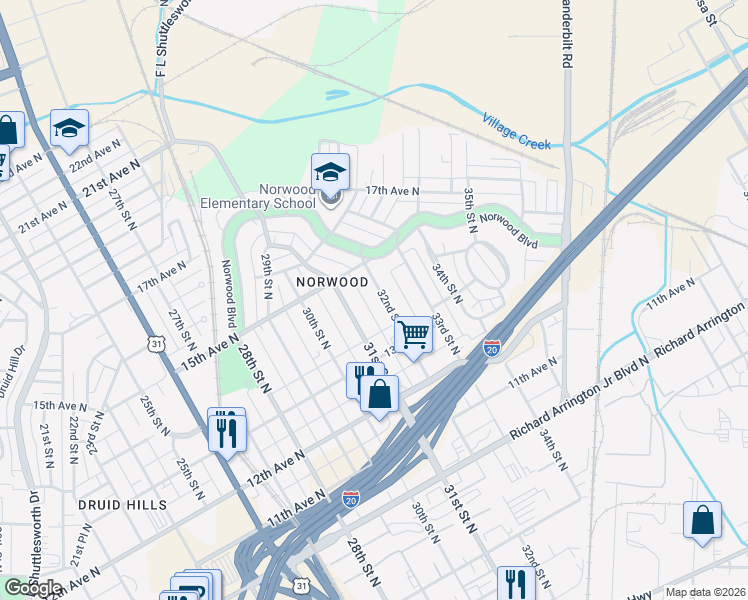 map of restaurants, bars, coffee shops, grocery stores, and more near 1426 32nd Street North in Birmingham