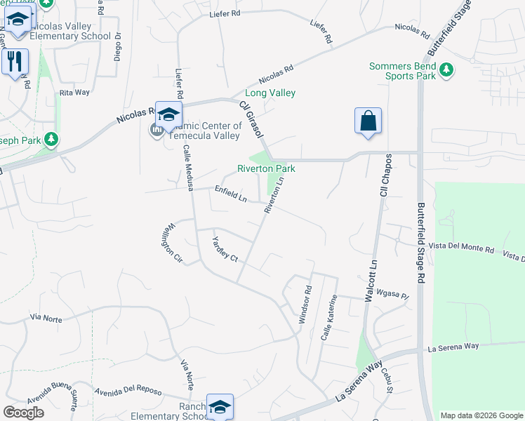 map of restaurants, bars, coffee shops, grocery stores, and more near 30954 Riverton Lane in Temecula