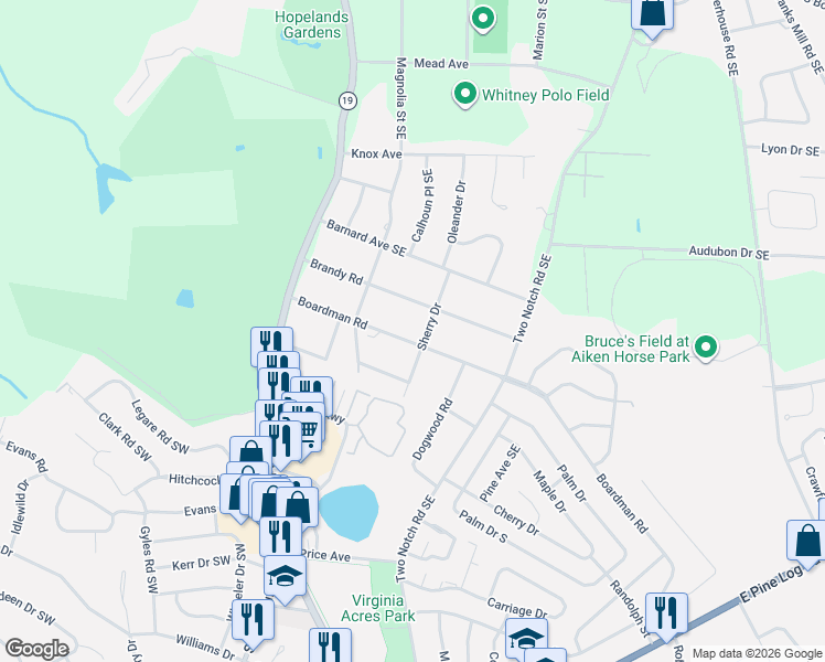 map of restaurants, bars, coffee shops, grocery stores, and more near 826 Brandy Road in Aiken