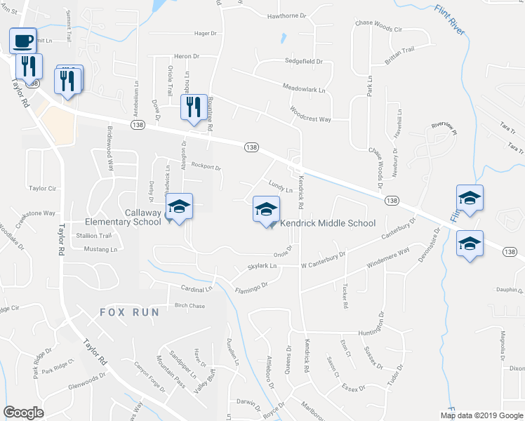 map of restaurants, bars, coffee shops, grocery stores, and more near 67 Farmdale Court in Jonesboro