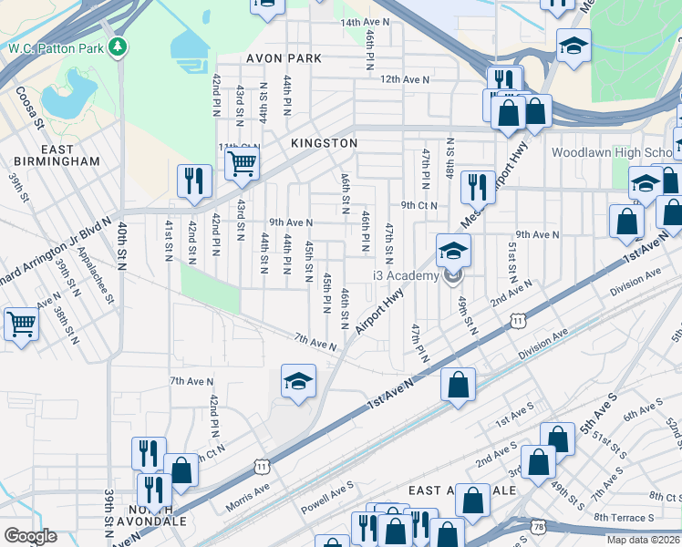 map of restaurants, bars, coffee shops, grocery stores, and more near 820 46th Street North in Birmingham