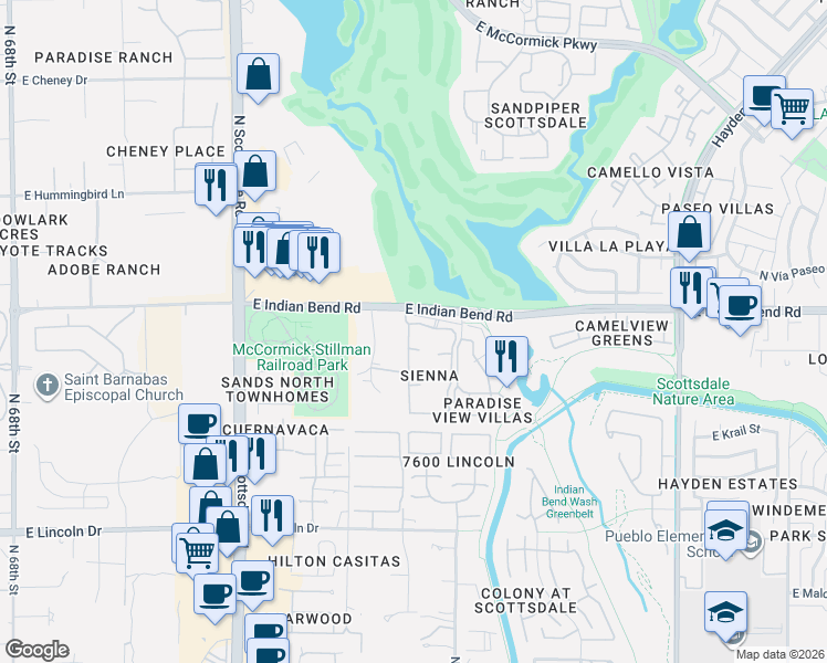 map of restaurants, bars, coffee shops, grocery stores, and more near 5907 North Rocking Road in Scottsdale