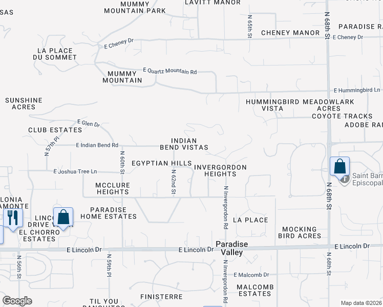 map of restaurants, bars, coffee shops, grocery stores, and more near 6210 East Indian Bend Road in Paradise Valley