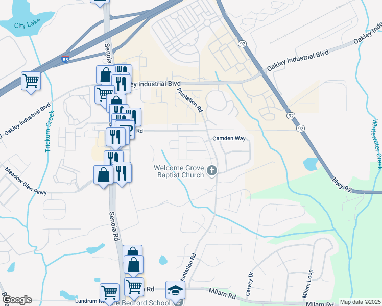 map of restaurants, bars, coffee shops, grocery stores, and more near 222 Ben Lane in Fairburn