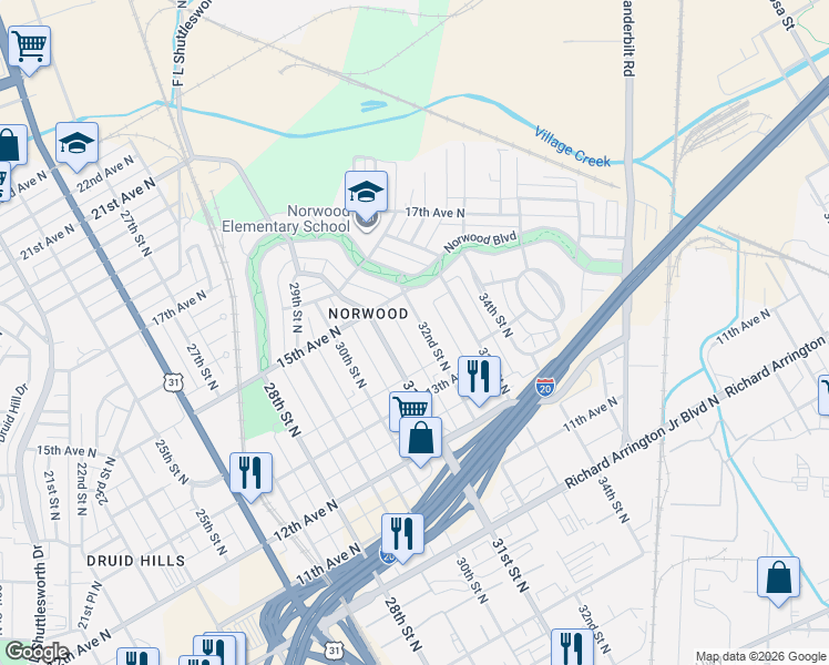 map of restaurants, bars, coffee shops, grocery stores, and more near 1426 32nd Street North in Birmingham
