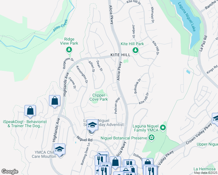 map of restaurants, bars, coffee shops, grocery stores, and more near 29272 Clipper Way in Laguna Niguel