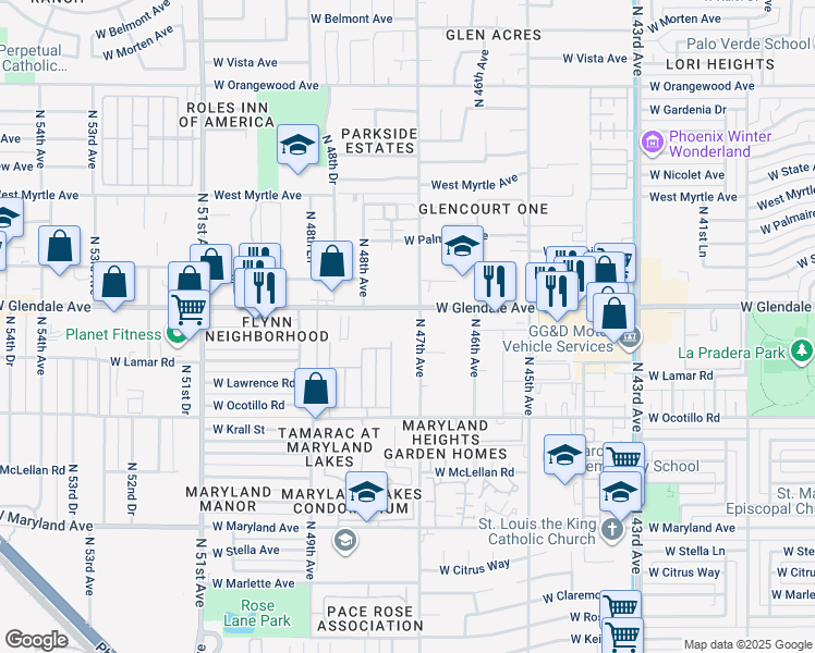 map of restaurants, bars, coffee shops, grocery stores, and more near 4751 West Glendale Avenue in Glendale