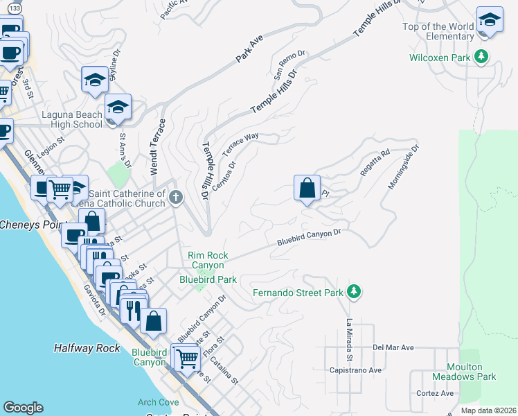 map of restaurants, bars, coffee shops, grocery stores, and more near 1007 Flamingo Road in Laguna Beach