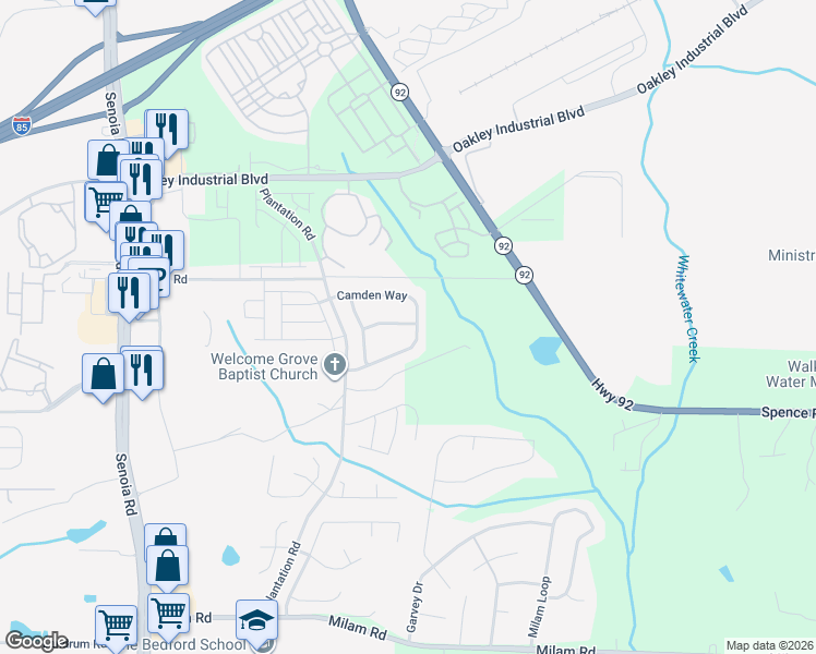 map of restaurants, bars, coffee shops, grocery stores, and more near 215 Fairgrove Ln in Fairburn