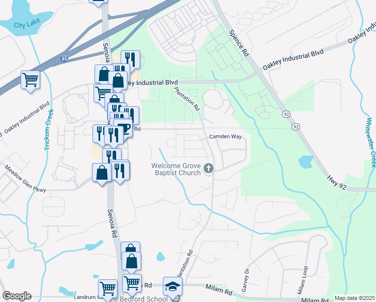 map of restaurants, bars, coffee shops, grocery stores, and more near 222 Ben Lane in Fairburn