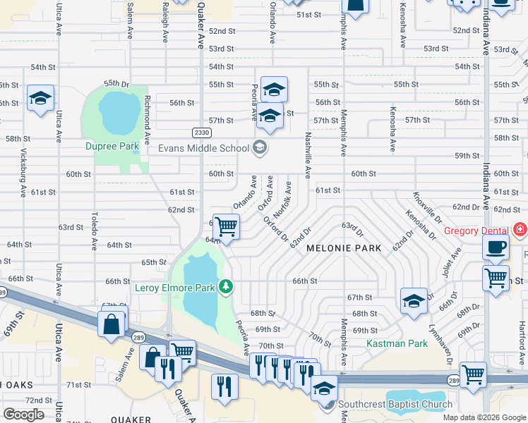 map of restaurants, bars, coffee shops, grocery stores, and more near 6019 Oxford Avenue in Lubbock