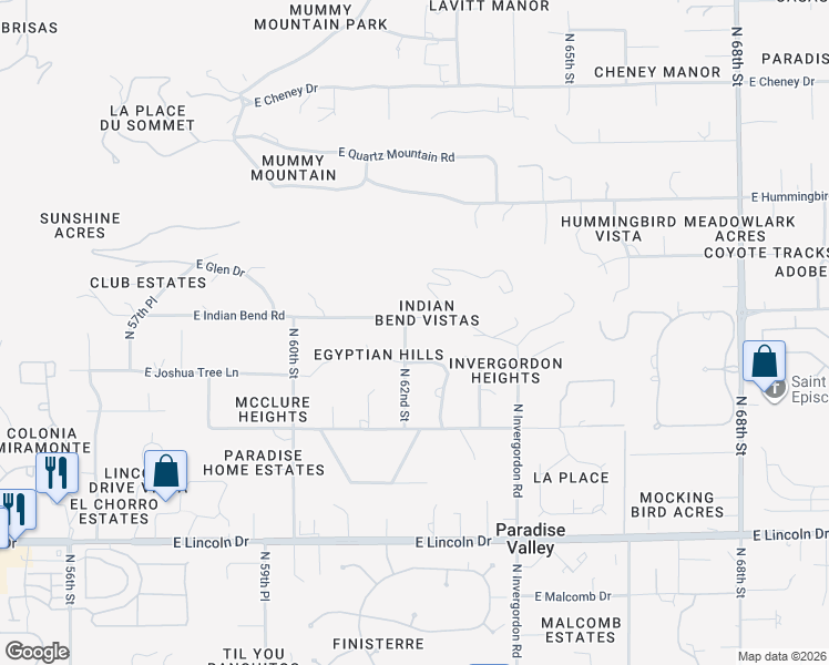 map of restaurants, bars, coffee shops, grocery stores, and more near 6210 East Indian Bend Road in Paradise Valley