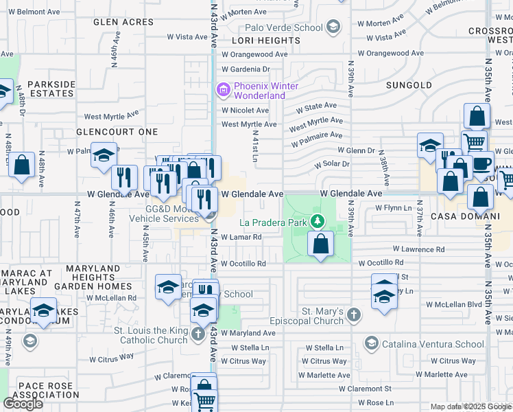 map of restaurants, bars, coffee shops, grocery stores, and more near 4141 West Glendale Avenue in Phoenix