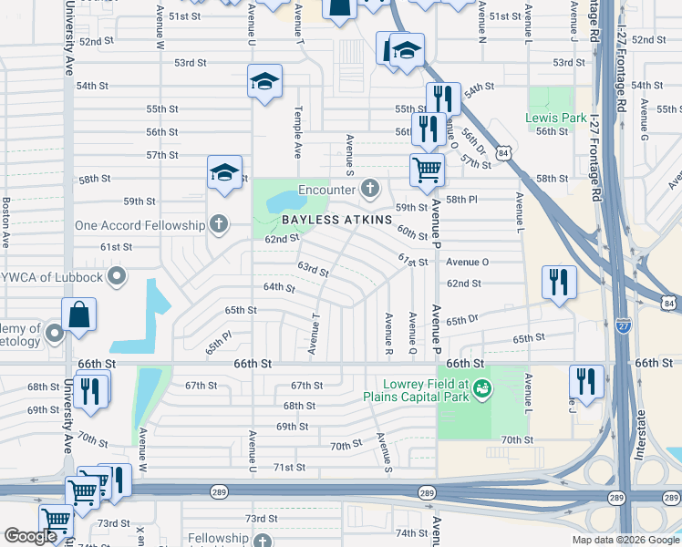 map of restaurants, bars, coffee shops, grocery stores, and more near 1916 63rd Street in Lubbock