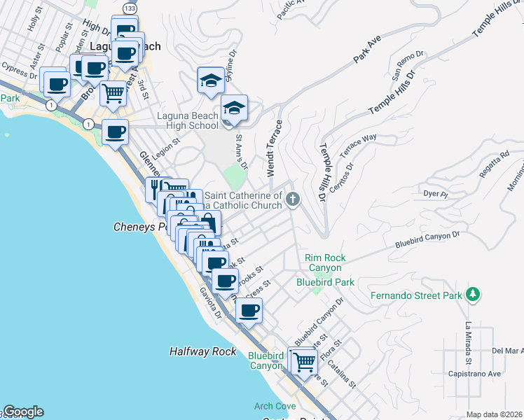 map of restaurants, bars, coffee shops, grocery stores, and more near 630 Seaview Street in Laguna Beach