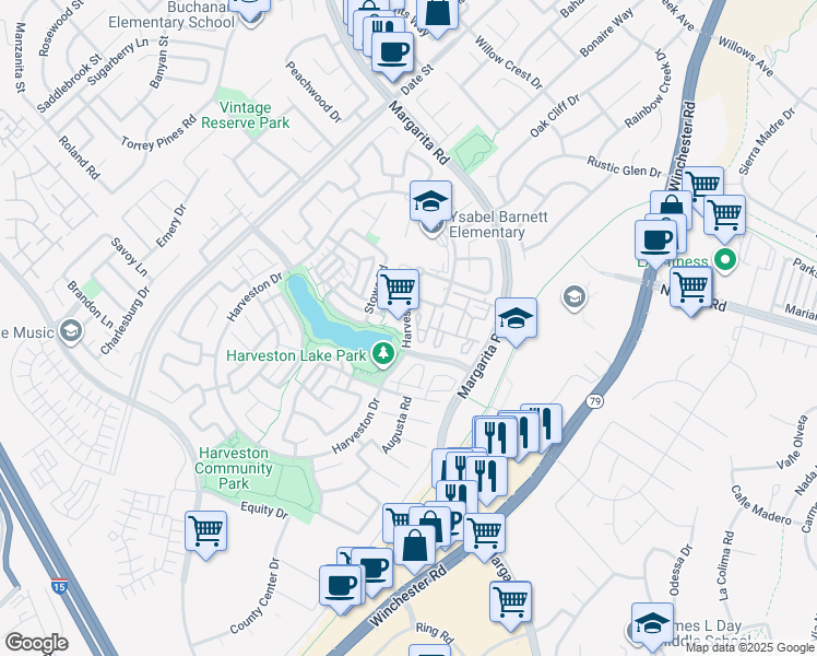 map of restaurants, bars, coffee shops, grocery stores, and more near 39925 Harveston Drive in Temecula