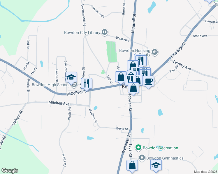 map of restaurants, bars, coffee shops, grocery stores, and more near 307 West College Street in Bowdon