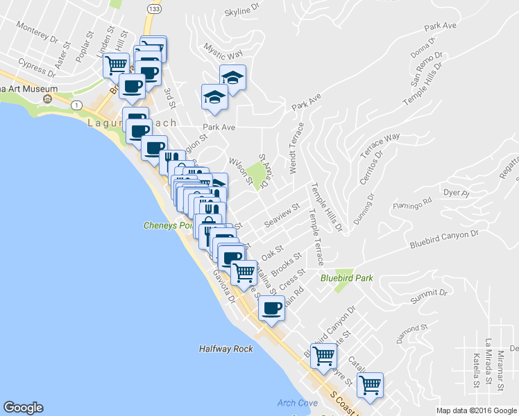 map of restaurants, bars, coffee shops, grocery stores, and more near in Laguna Beach