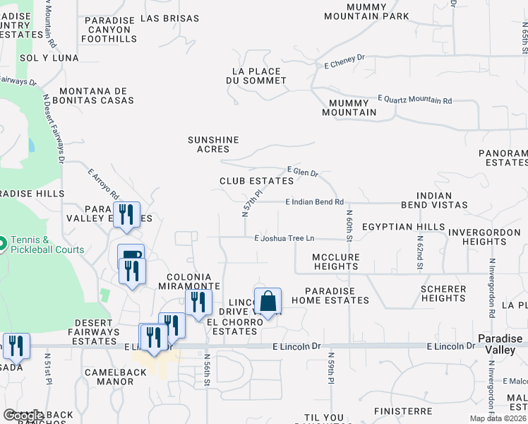 map of restaurants, bars, coffee shops, grocery stores, and more near 5750 East Indian Bend Road in Paradise Valley