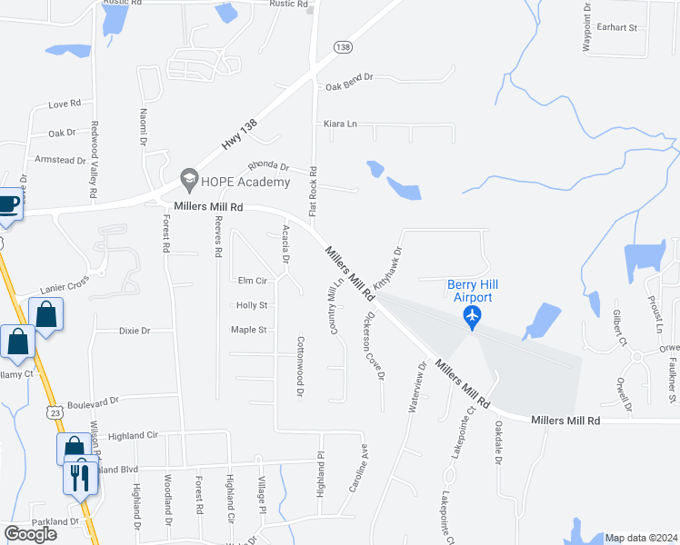 map of restaurants, bars, coffee shops, grocery stores, and more near 100 Country Mill Lane in Stockbridge