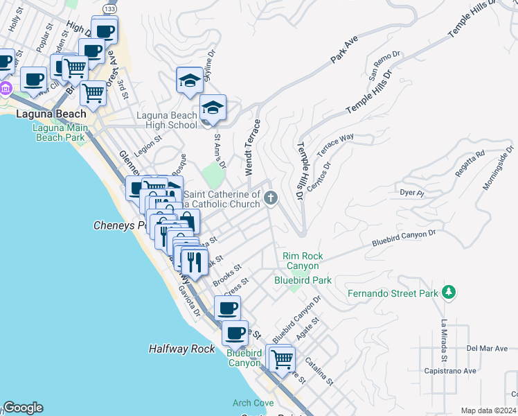 map of restaurants, bars, coffee shops, grocery stores, and more near 681 Seaview Street in Laguna Beach