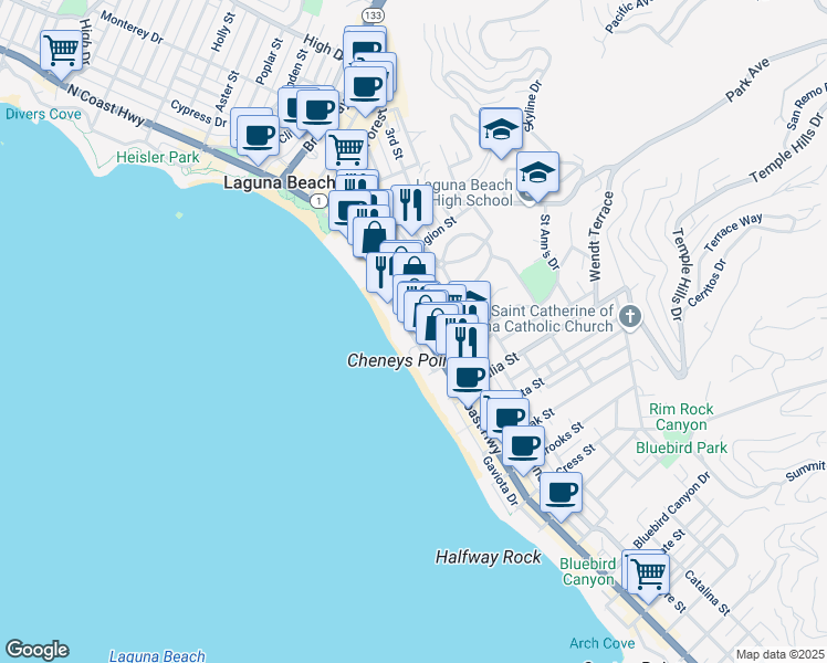 map of restaurants, bars, coffee shops, grocery stores, and more near 665 Ramona Avenue in Laguna Beach
