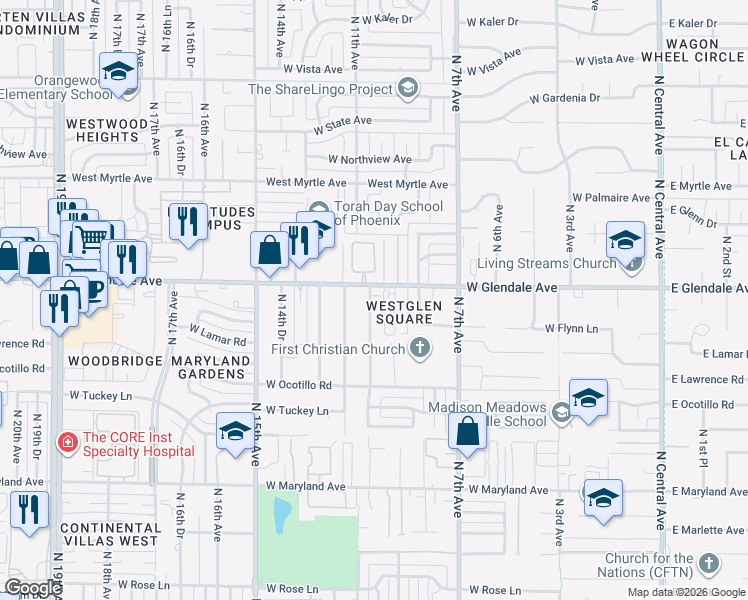 map of restaurants, bars, coffee shops, grocery stores, and more near 1001 West Cactus Wren Drive in Phoenix