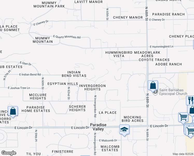 map of restaurants, bars, coffee shops, grocery stores, and more near 7011 North Invergordon Road in Paradise Valley