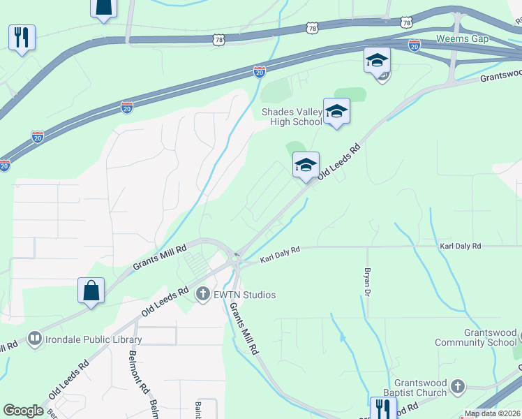 map of restaurants, bars, coffee shops, grocery stores, and more near 5946 Old Leeds Road in Irondale