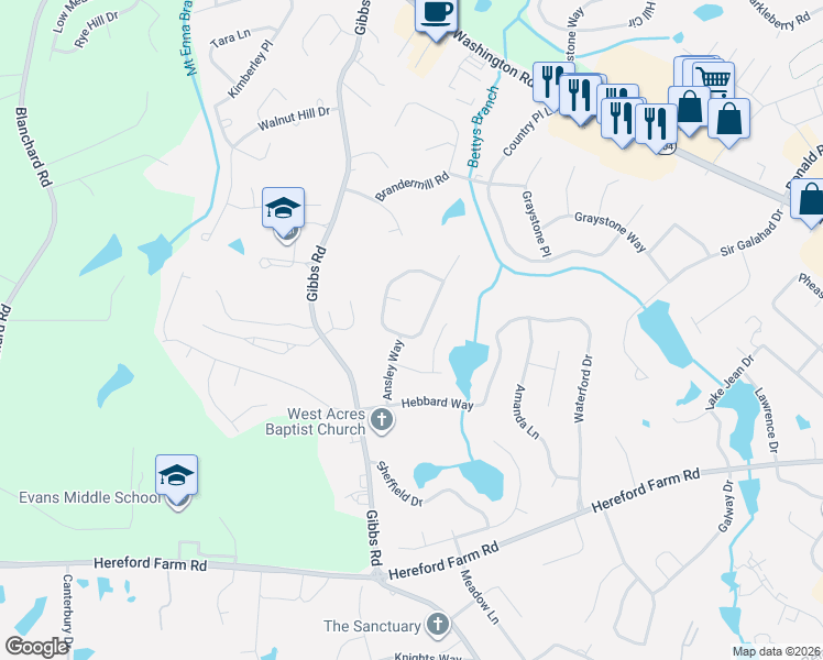map of restaurants, bars, coffee shops, grocery stores, and more near 205 Mulberry Court in Evans