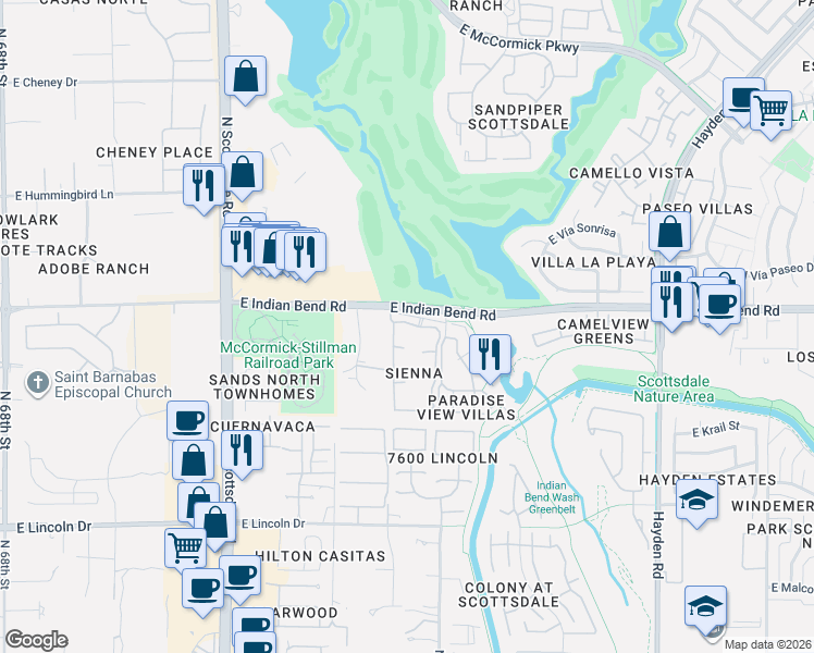 map of restaurants, bars, coffee shops, grocery stores, and more near 7575 East Indian Bend Road in Scottsdale