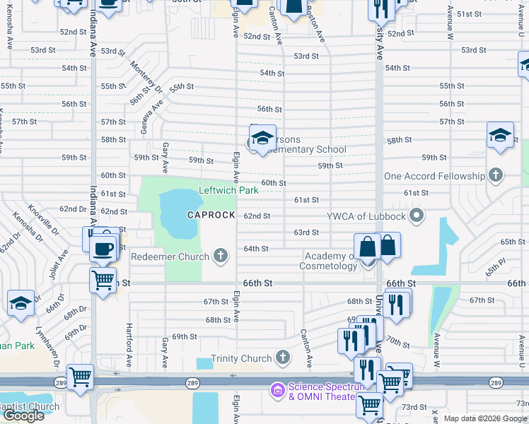map of restaurants, bars, coffee shops, grocery stores, and more near t2805 61st Street in Lubbock