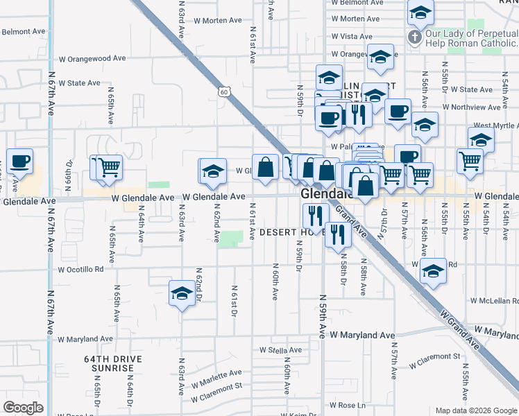 map of restaurants, bars, coffee shops, grocery stores, and more near 6001 West Glendale Avenue in Glendale