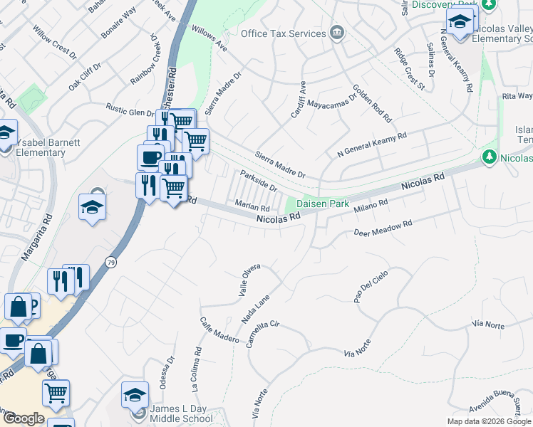 map of restaurants, bars, coffee shops, grocery stores, and more near 39566 Sarah Drive in Temecula