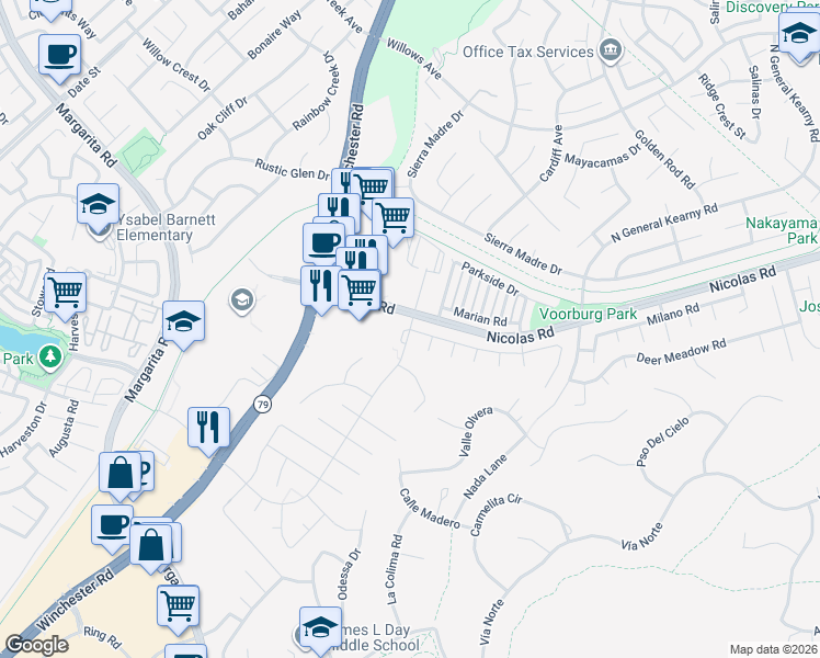 map of restaurants, bars, coffee shops, grocery stores, and more near 27350 Nicolas Road in Temecula
