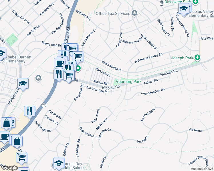 map of restaurants, bars, coffee shops, grocery stores, and more near 27599 Marian Road in Temecula