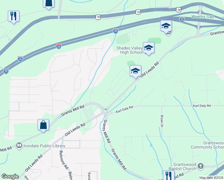 map of restaurants, bars, coffee shops, grocery stores, and more near 5946 Old Leeds Road in Irondale