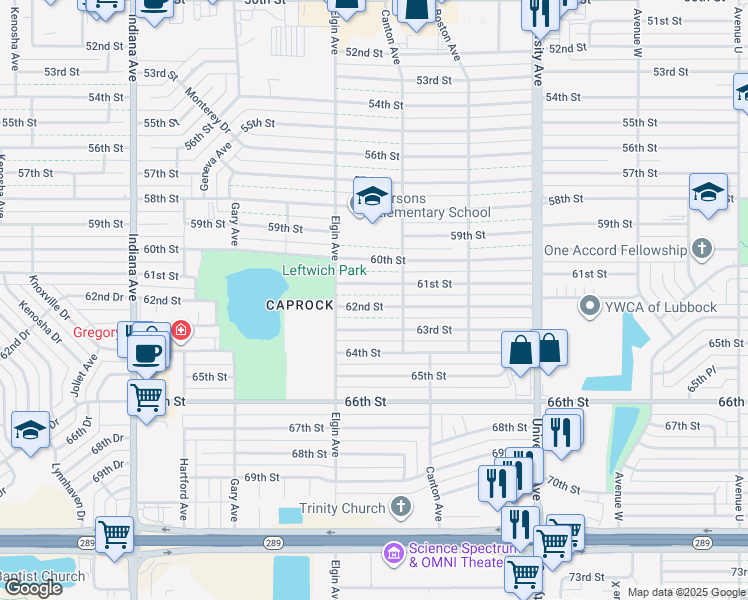 map of restaurants, bars, coffee shops, grocery stores, and more near t2805 61st Street in Lubbock