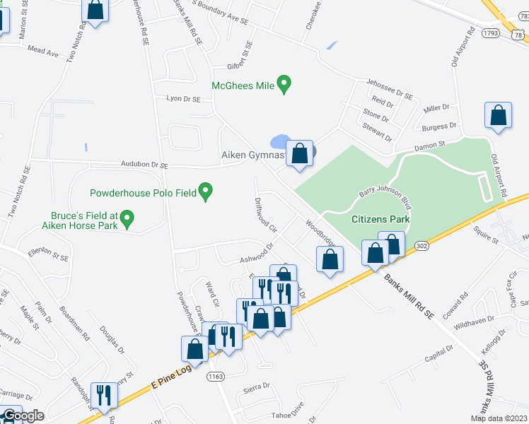 map of restaurants, bars, coffee shops, grocery stores, and more near 131 Driftwood Circle in Aiken