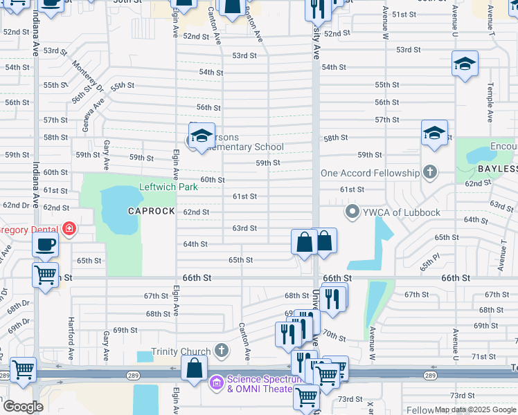 map of restaurants, bars, coffee shops, grocery stores, and more near 2706 62nd Street in Lubbock